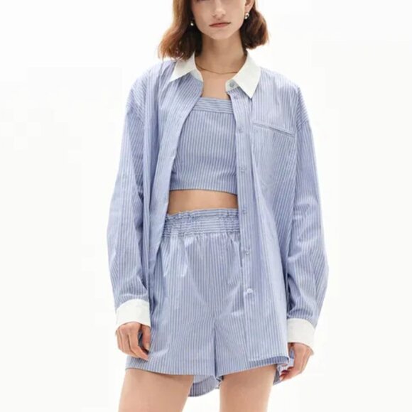 Nao Striped Shirt in Cotton Poplin, Blue Stripe, Size S - Picture 9 of 13